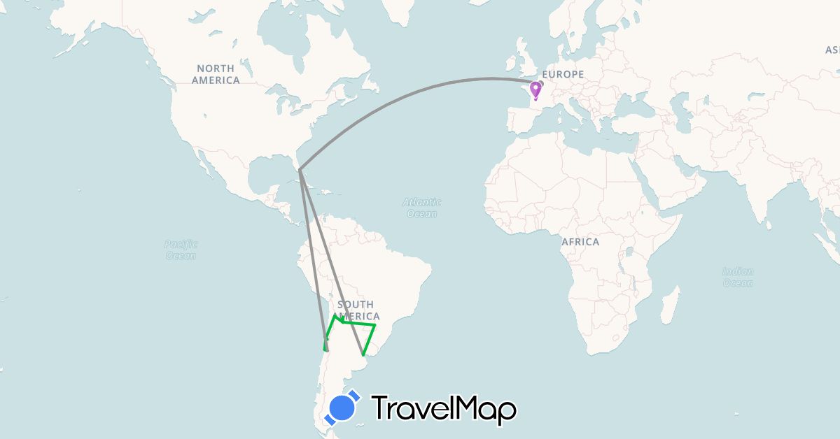 TravelMap itinerary: bus, plane, train in Argentina, Chile, France, United States (Europe, North America, South America)