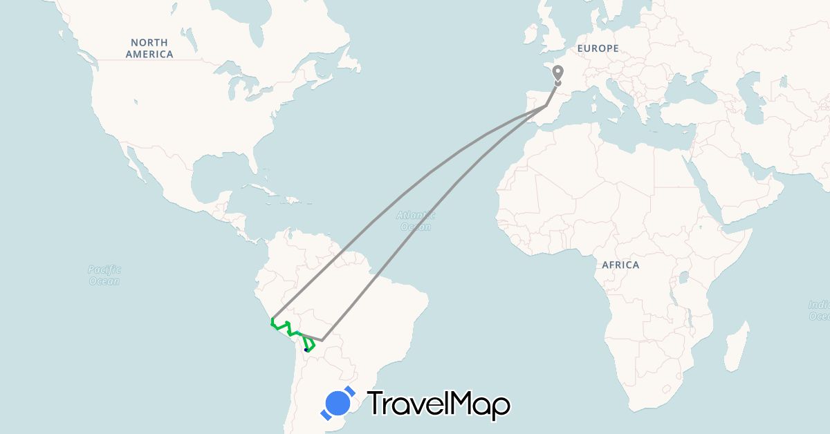 TravelMap itinerary: driving, bus, plane, boat in Bolivia, Spain, France, Peru (Europe, South America)